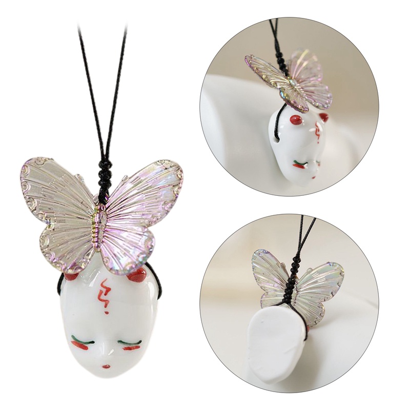 Ins Butterfly Ceramic Face Pendant Vintage Kalung Choker Untuk Wanita Perhiasan Aksesoris Hadiah