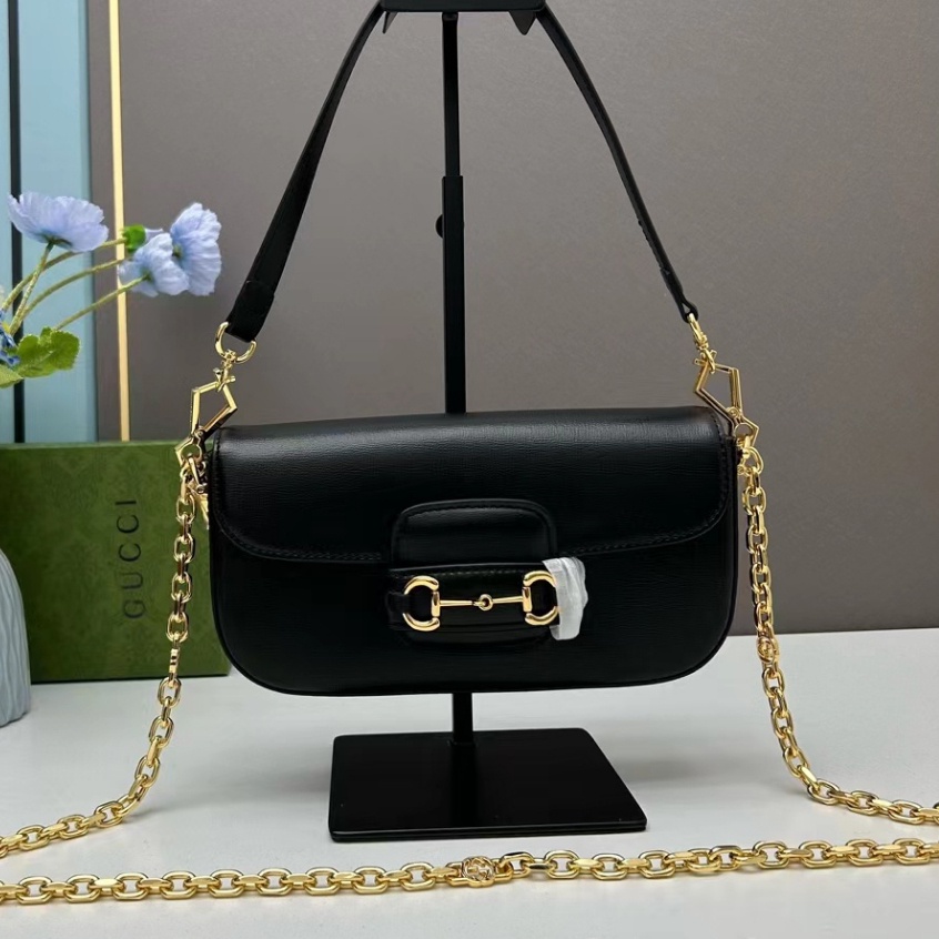 original 100 % Gucci 1955 Classic Horsebit Black Genuine Leather Cowhide Chain Shoulder Messenger Ba