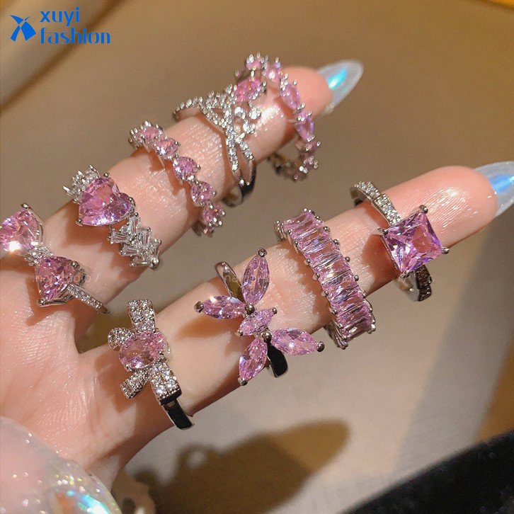 Cincin Zirkon Hati Y2K Kupu Busur Pink Kristal Titanium Pembukaan Rings Untuk Wanita Fashion Perhiasan Aksesoris