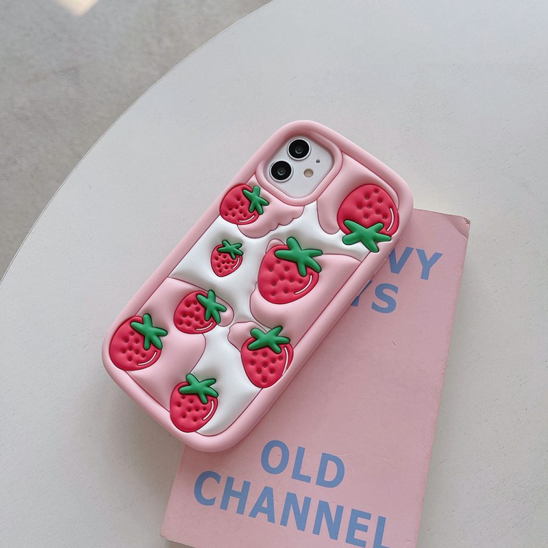 Stereoscopic Cute Pink Red Strawberry Silicone Soft Case for IPhone 6S 7 8 Plus X XR Max IPhone 11 12 13 14 Pro Max Cute TPU Phone CASE Cute Pretty Girl's Fashion