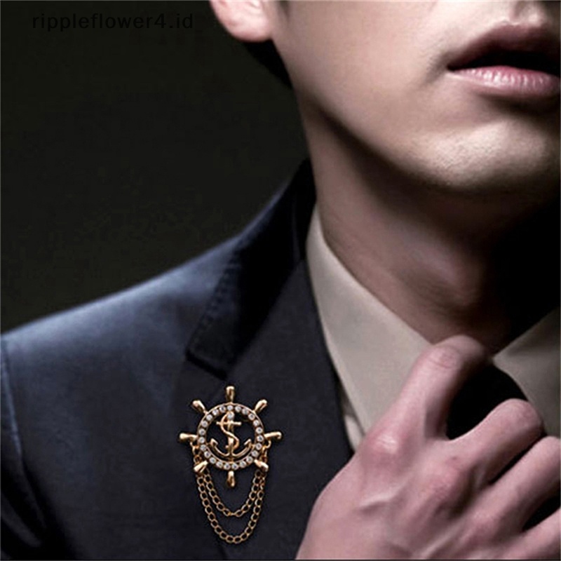 {rippleflower4.id} 1pc Rumbai Kemudi Bros Perempuan Pria Berlian Imitasi Navy Korsase Perahu Jangkar Pin Jas Boutonniere Lencana Bros~