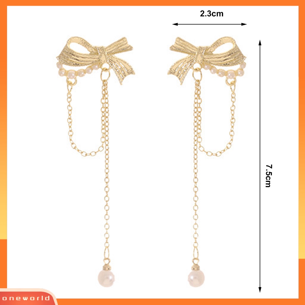 [WOD] 1pasang Drop Earrings Temperamen Busur-Simpul Mutiara Imitasi Geometris Shiny Hias Hadiah Wanita Panjang Rumbai Liontin Anting Perhiasan Fashion Untuk Perjamuan