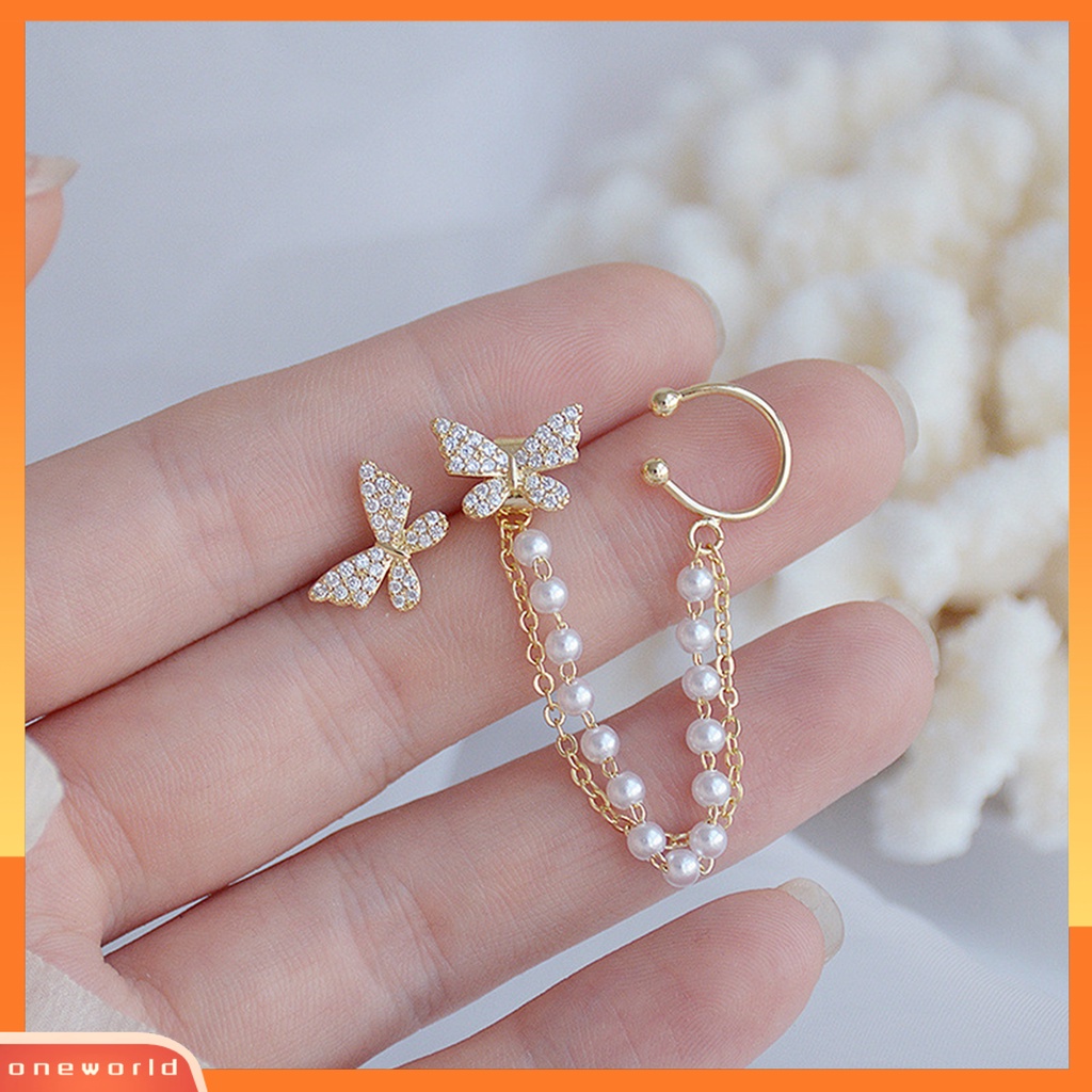 [WOD] 2pcs/set Lady Klip Telinga Bentuk Kupu-Kupu Berlian Imitasi Hias Supper Shiny Individual Stud Earrings Untuk Prom