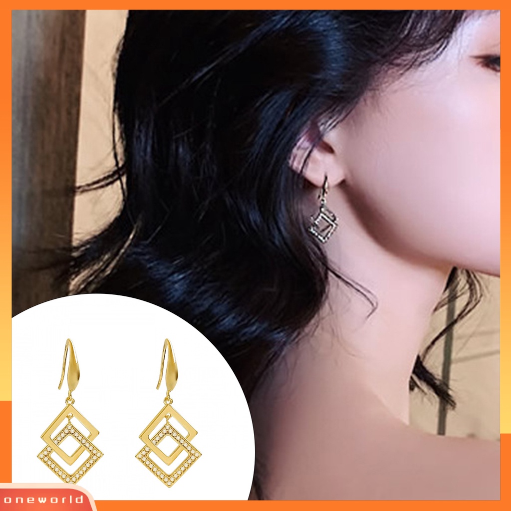 [WOD] 1pasang Wanita Drop Earrings Berlian Imitasi Mengkilap Hias Kokoh Bentuk Geometris Menjuntai Anting-Anting Hadiah Ulang Tahun