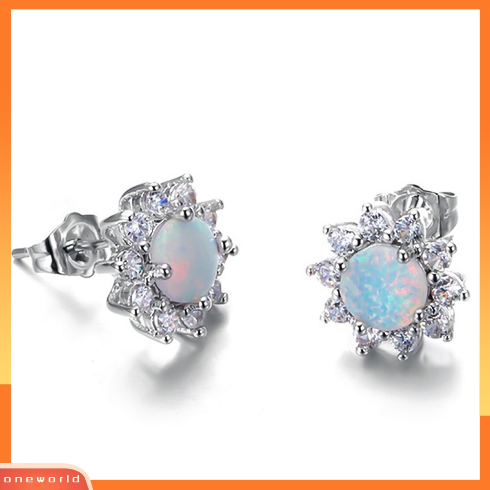 [WOD] Shiny Round Faux Opal Bentuk Mahkota Charm Stud Earrings Wanita Pesta Perhiasan Hadiah