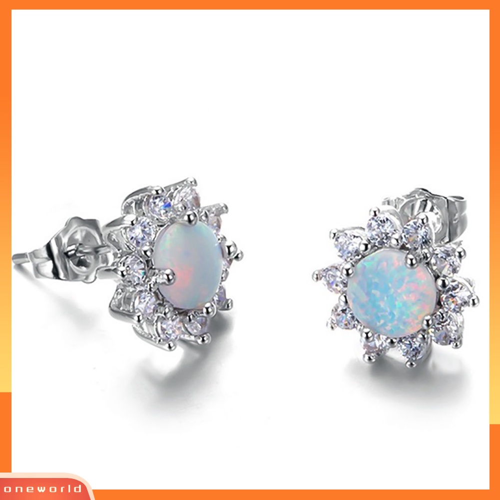 [WOD] Shiny Round Faux Opal Bentuk Mahkota Charm Stud Earrings Wanita Pesta Perhiasan Hadiah