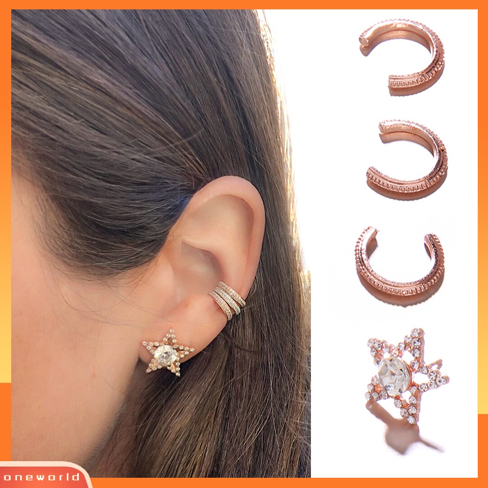 [WOD] 4 Pcs Bintang Setengah Lingkaran Setengah Lingkaran Telinga Stud Cuff Klip Anting Wanita Pesta Perhiasan