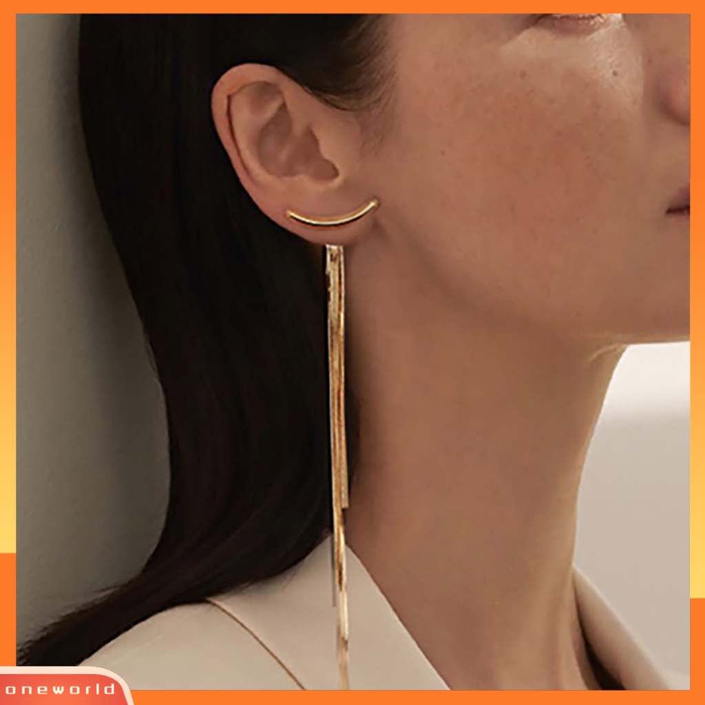 [WOD] 1pasang Benang Panjang Rumbai Menjuntai Anting Logam Glossy Arc Bar Stud Earrings Perhiasan Aksesoris