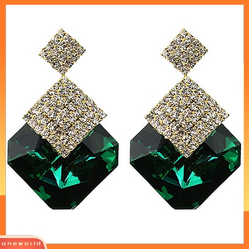 [WOD] Wanita Fashion Mewah Berkilau Besar Persegi Berlian Imitasi Liontin Drop Earrings