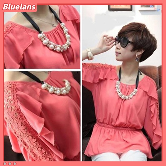 [BLS] Wanita Fashion Baris Ganda Mutiara Imitasi Adjustable Pita Rantai Choker Kalung