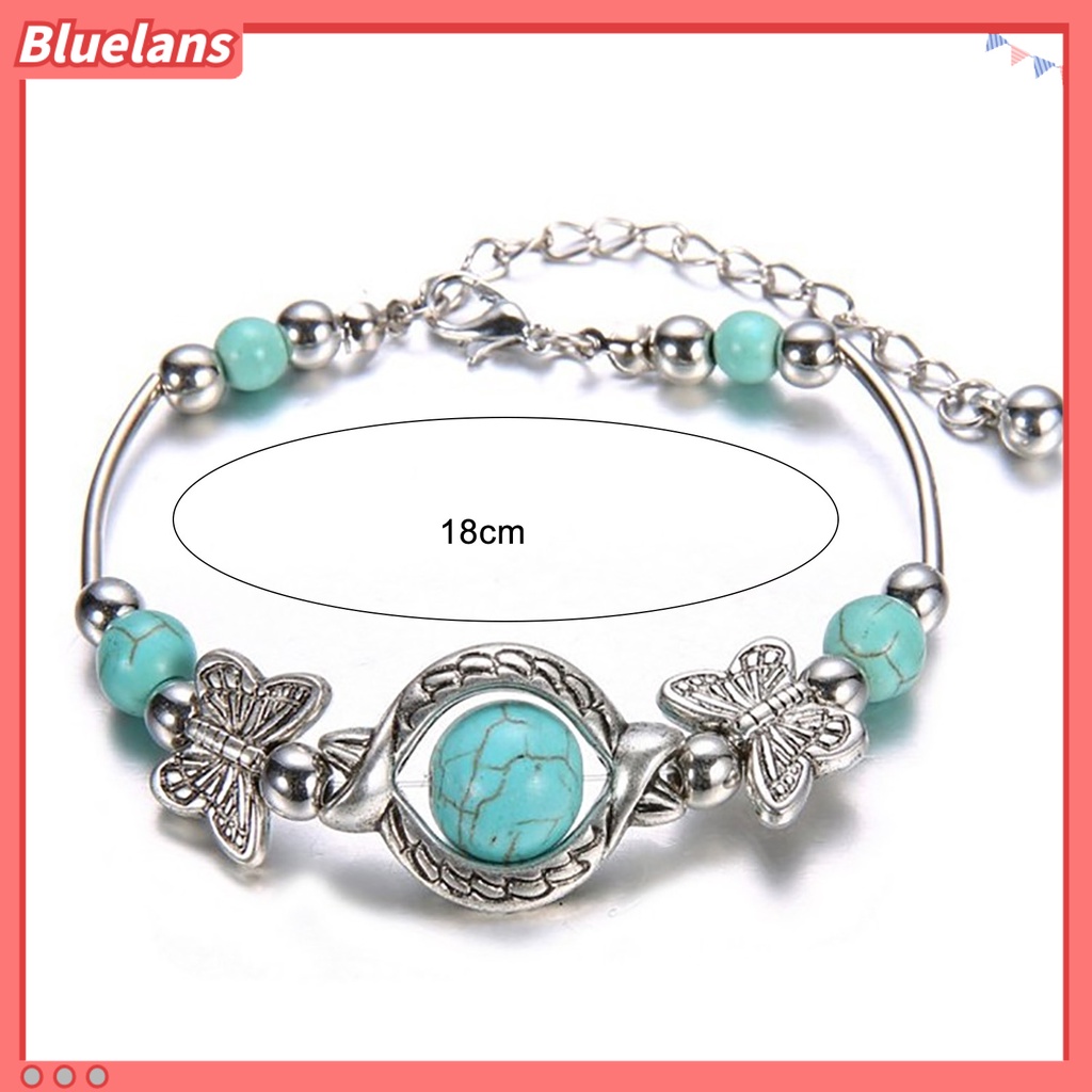 [BLS] Kupu-kupu Dekorasi Adjustable Unisex Gelang Alloy Handmade Turquoises Beads Retro Gelang Perhiasan Aksesoris