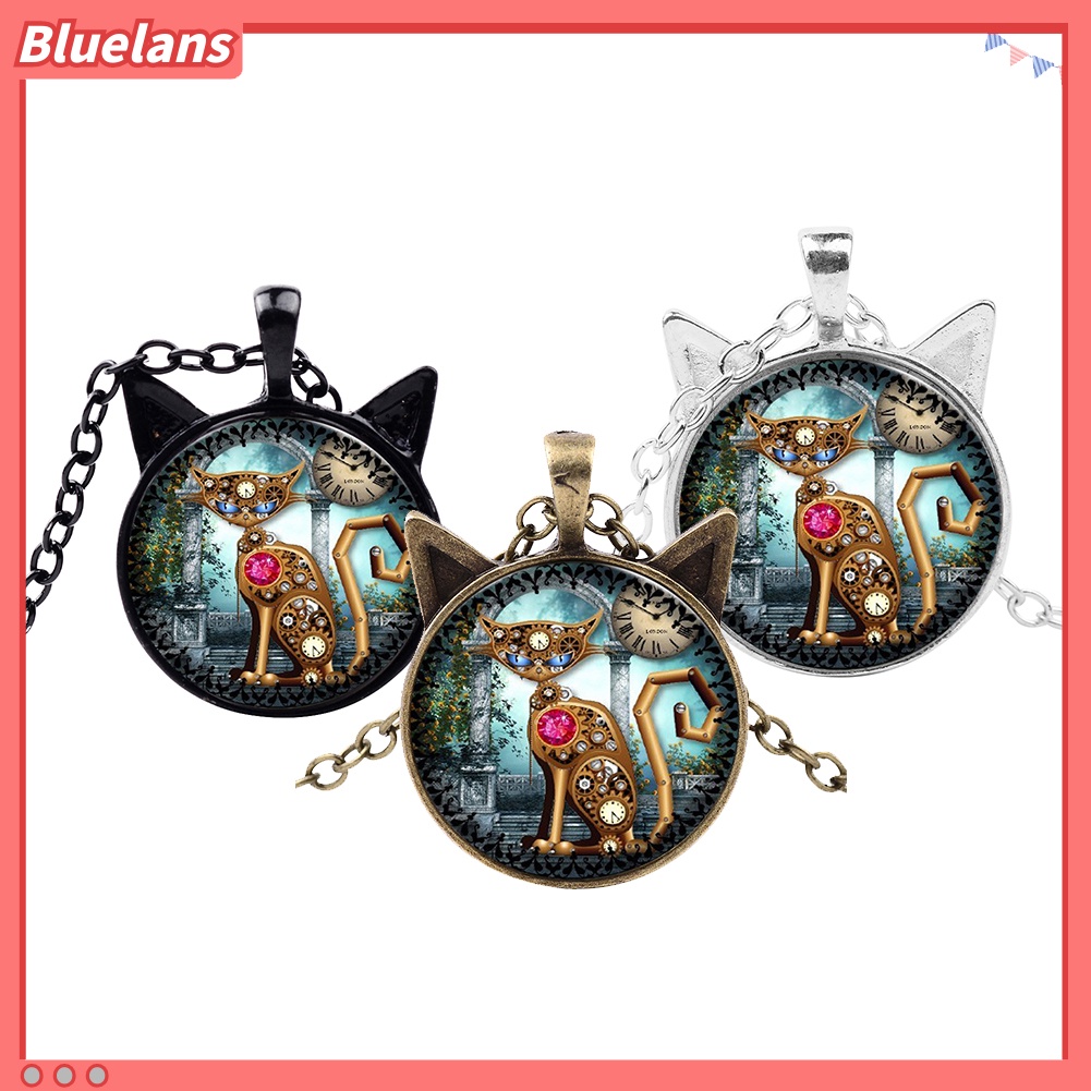 [BLS] Unisex Kucing Kaca Cabochon Liontin Vintage Perhiasan Rantai Sweater Kalung Hadiah