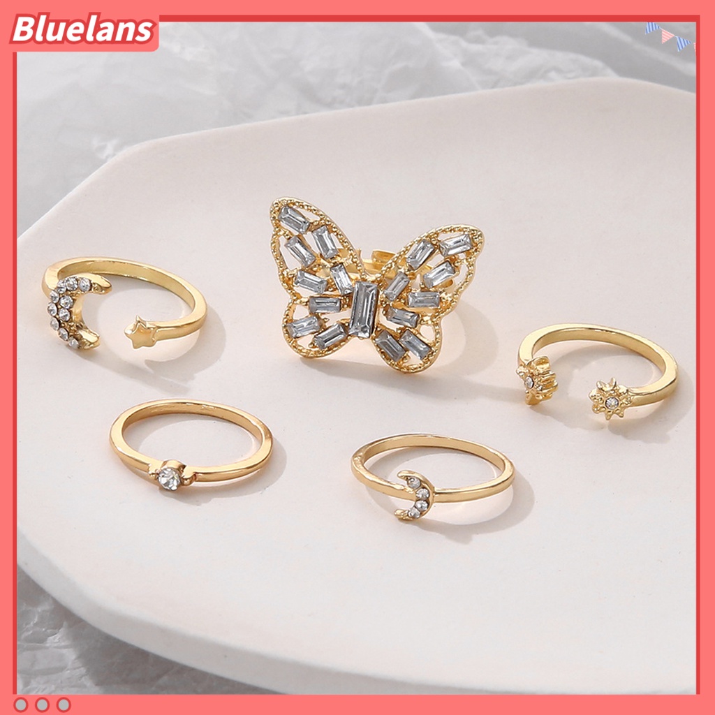 [BLS] 5pcs Cincin Buku Jari Kupu-Kupu Bulan Bintang Perhiasan Stackable Rhinestones Finger Rings Perhiasan Aksesoris