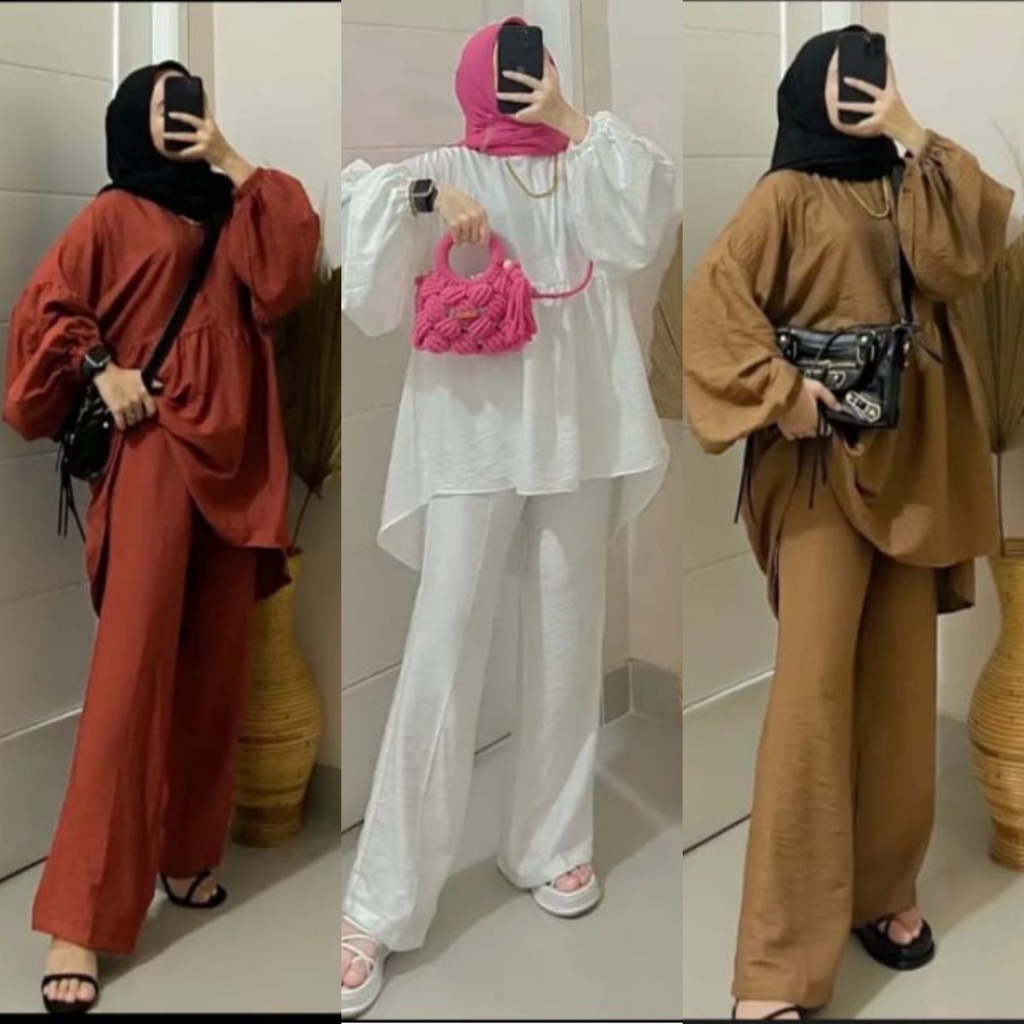 Beca One Set Setelan Cutbray Lengan Balon Pololinen setcel wanita remaja kemeja dan celana terbaru kekinian korean style