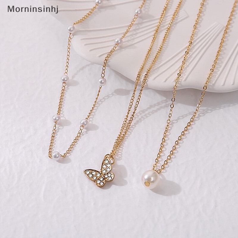 Mornin Mutiara Kupu-Kupu Kalung Elegan Multi Layer Liontin Emas Rantai Choker Aksesoris Wanita Perhiasan id