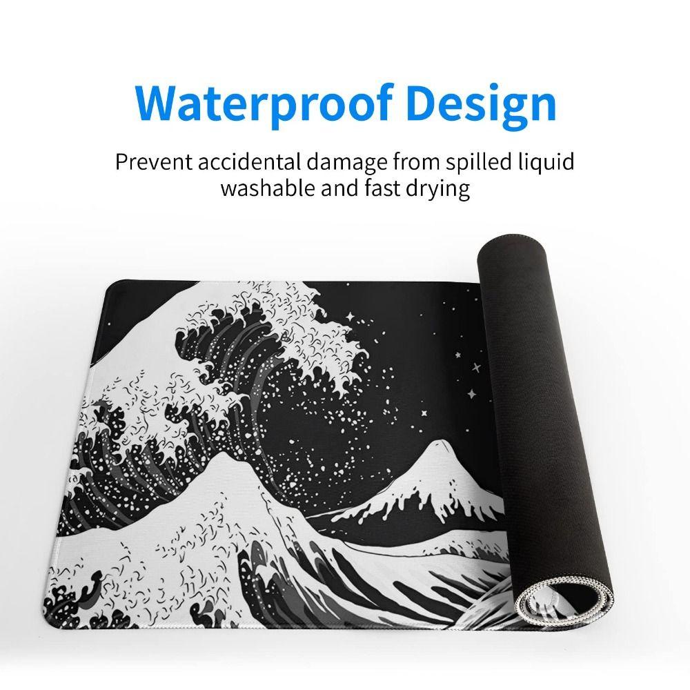 Mouse Pad Populer Gaming Jepang Non-Slip Alas Meja Laut Hitam Dan Putih Besar