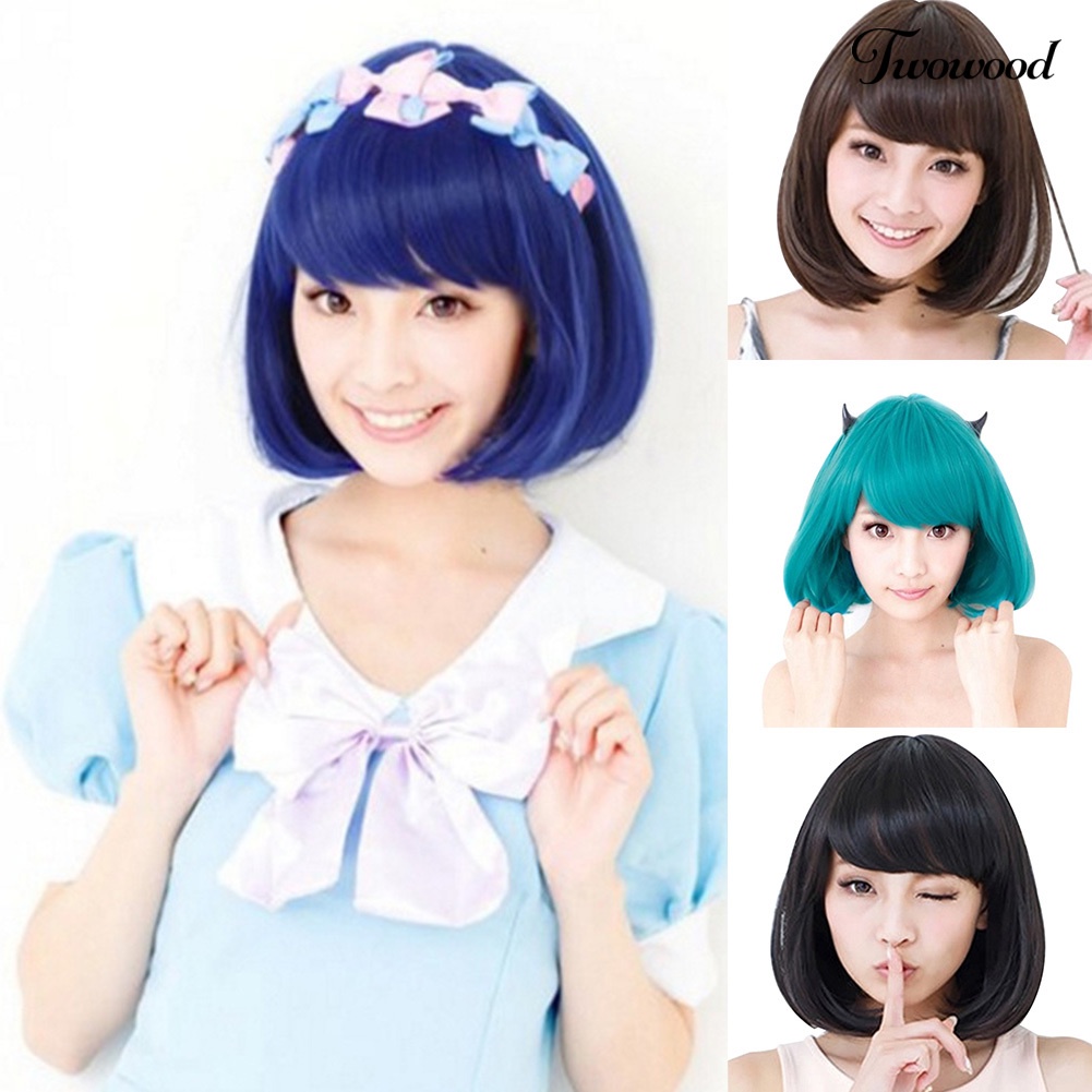 Twowood Kostum Anime Cosplay Lurus Pendek Keriting Rambut Wig Wanita Lovely Bob Sopak