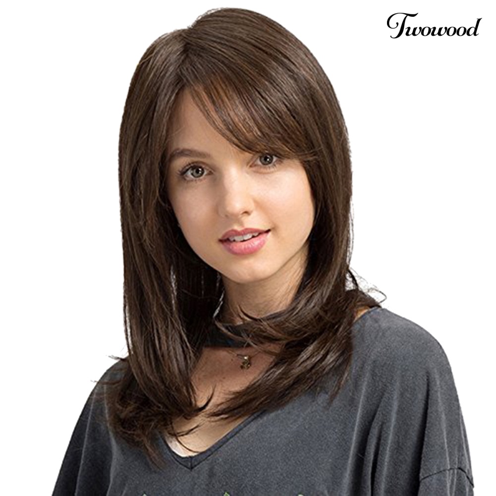 Twowood Fashion Wanita Alami Panjang Lurus Wig Sideswept Poni Cosplay Pesta Sopak