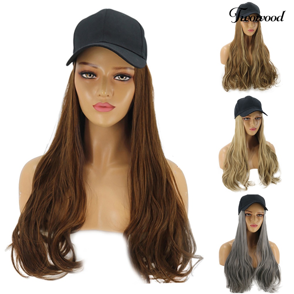 Twowood Wanita Gelombang Panjang Wig Sopak Rambut Sintetis Ekstensi Dengan Topi Baseball Cap