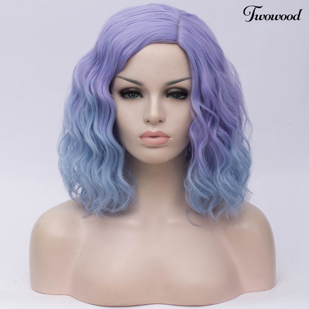 Twowood Wanita Fashion Gradien Mie Instan Keriting Medium Pendek Wig Cosplay Sopak