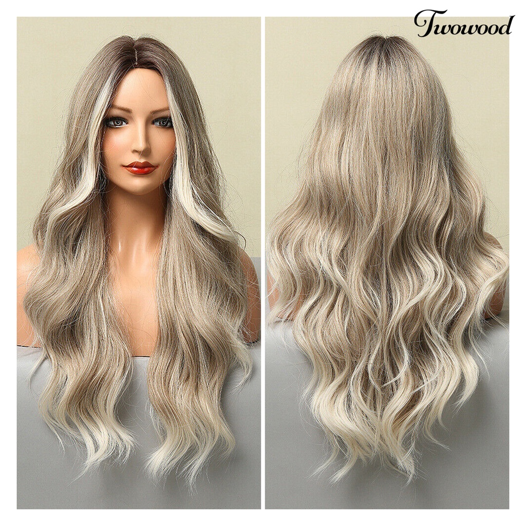 Twowood Wig Keriting Panjang Universal Halus Ringan Medium Split Long Smoky Grey Gradient Blonde Wig Untuk Rumah