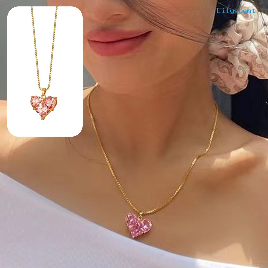 [LS]Ladies Kalung Cubic Zirconia Bersinar Bentuk Geometris Menawan Tahan Aus Berdandan Hypoallergenic Merah Muda Bentuk Hati Liontin Kalung Perhiasan Aksesori