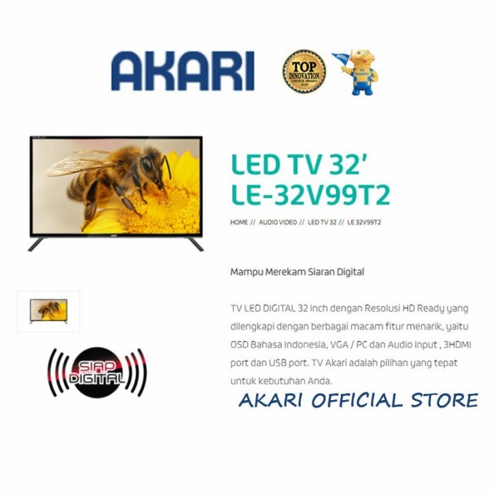 Akari LE 32V99T2 TV LED 32 Inch | TV Digital USB Movie DVBT2 | LE32V99