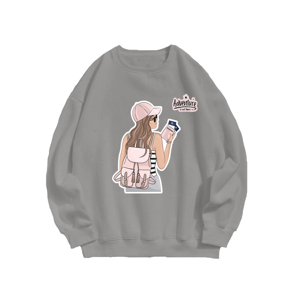 Sweater wanita Adventure Girl crewneck fleece oblong  sablon basic  oversize  tangan  panjang