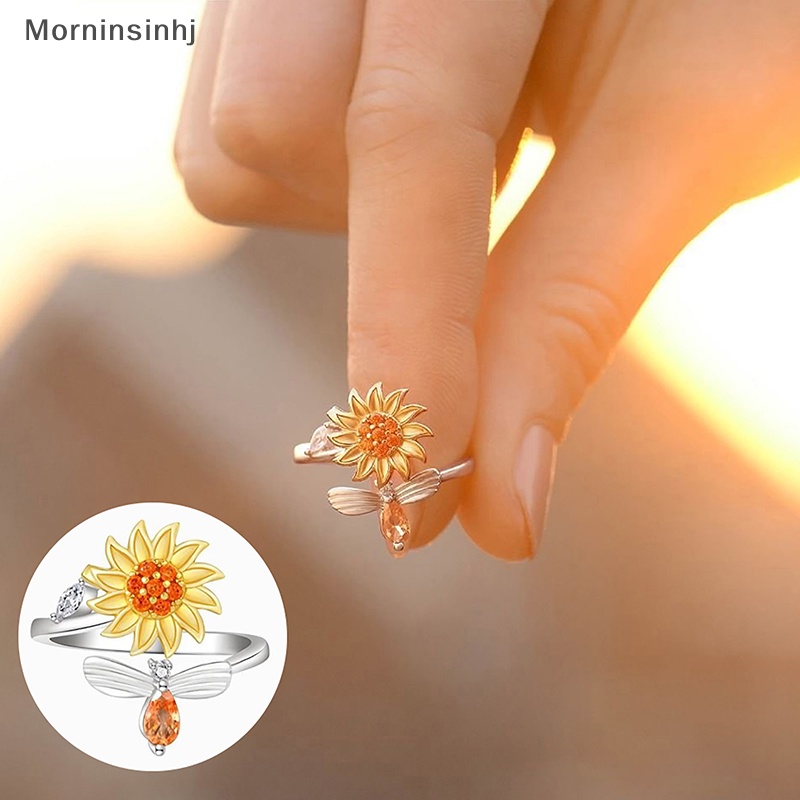 Mornin Pembukaan Dapat Disesuaikan Berputar Bunga Matahari Bee Release Stress Ring Rotatable Zircon Copper Finger Ring Untuk Wanita Fashion Perhiasan id