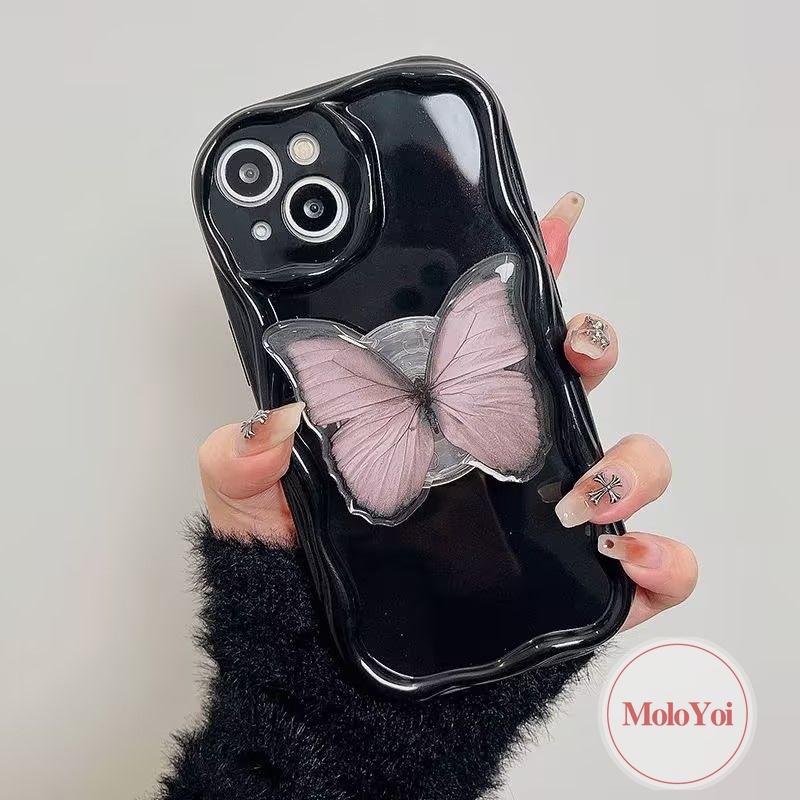 IPHONE Fantasy Braket Kupu-Kupu Lipat Ring Holder Case Kompatibel Untuk Iphone7 8 6 6s Plus 11 14 12 13 Pro Max XR XS X Max Se2020 3D Wavy Curved Edge Fashion Penutup Cat Air Sederhana