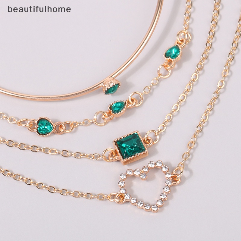 {beautifulhome} 4pcs/set Bertatahkan Batu Permata Hijau Gelang Set Perhiasan Untuk Wanita Gadis Jantung Gelang Pernikahan Pertunangan Gelang Fashion Pesta Perhiasan Hadiah.