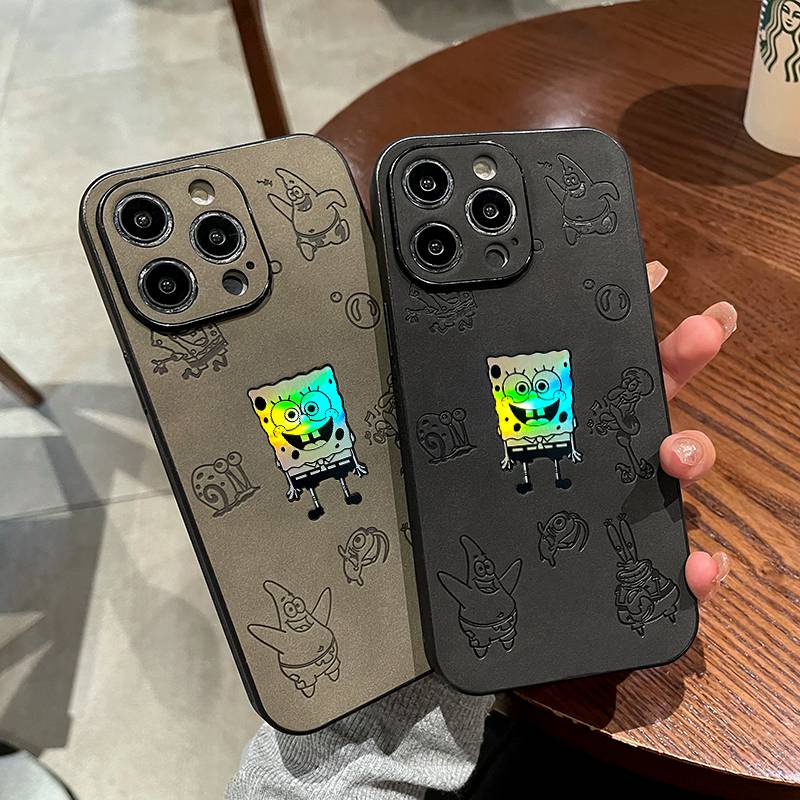 【Laser Gradient】So Cool high quality Funny Cute SpongeBob Hard Case for IPhone 7 8 Plus XR XS Max 11 12 13 14 Pro Max 14 Plus Women Girl Lovely Cartoon