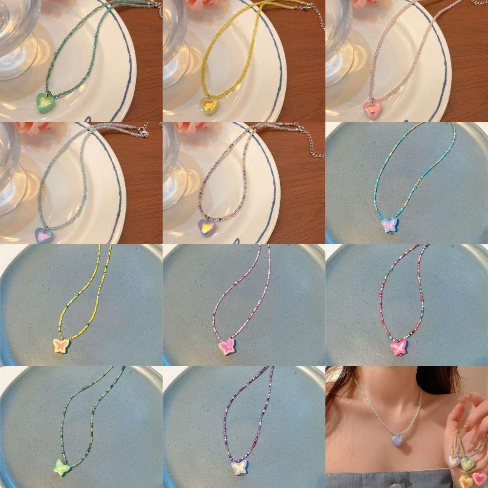 Needway Y2K Kalung Hati Manis Buatan Tangan Kupu-Kupu Pendent Gadis Choker Akrilik Multi-Warna Gadis Manik-Manik Kalung Untuk Hadiah Ulang Tahun