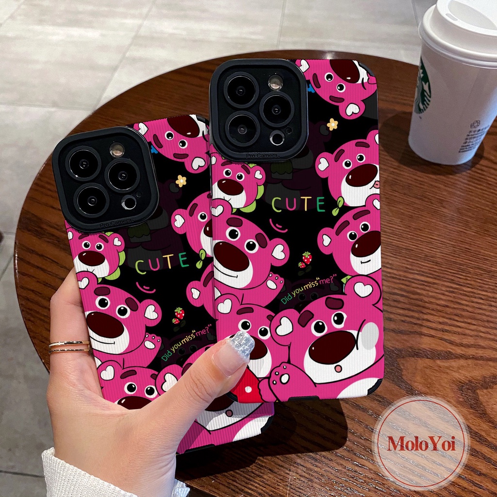 IPHONE Indah Mewah Tekstur Kulit Shockproof Phone Case Kompatibel Untuk Iphone12 Pro Max11 13 14 Plus XR X XS Max7 8 Plus Kartun Lucu Manyo Strawberry Bear Cover