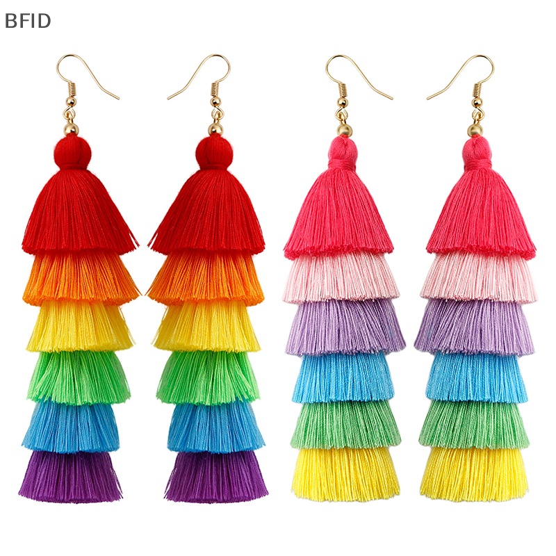 [BFID] 1pasang Perhiasan Handmade Musim Panas Gaya Bohemian Aksesoris Panjang Lucu Rain Color Layered Fringe Tassel Earrings Untuk Wanita [ID]