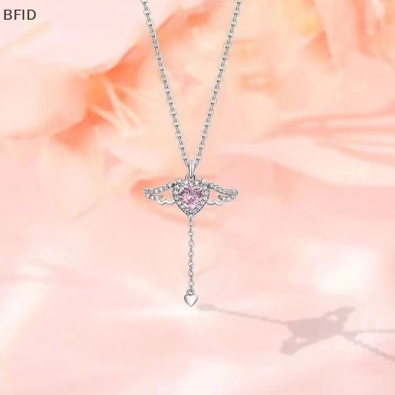 [BFID] Zirkon Sayap Malaikat Hati Liontin Kalung Wanita Gadis Sederhana Y2K Pink Putih Zirkon Cinta Elegan Kalung Wanita Perhiasan [ID]