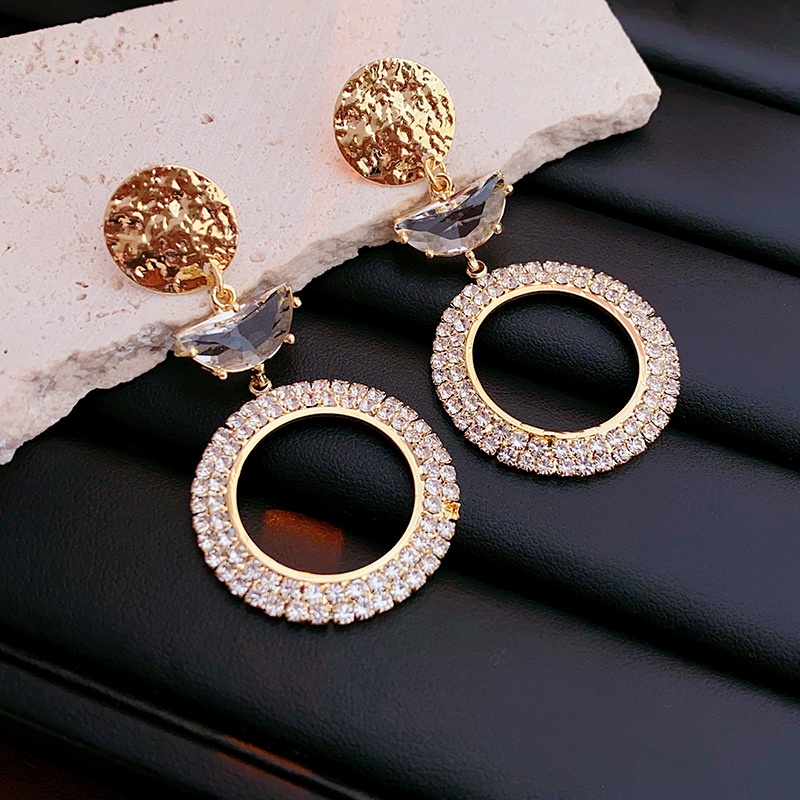 Korea Perak Jarum Lingkaran Berlian Logam Anting Fashion Berlian Imitasi Zirkon Serbaguna Anting Panjang Untuk Wanita