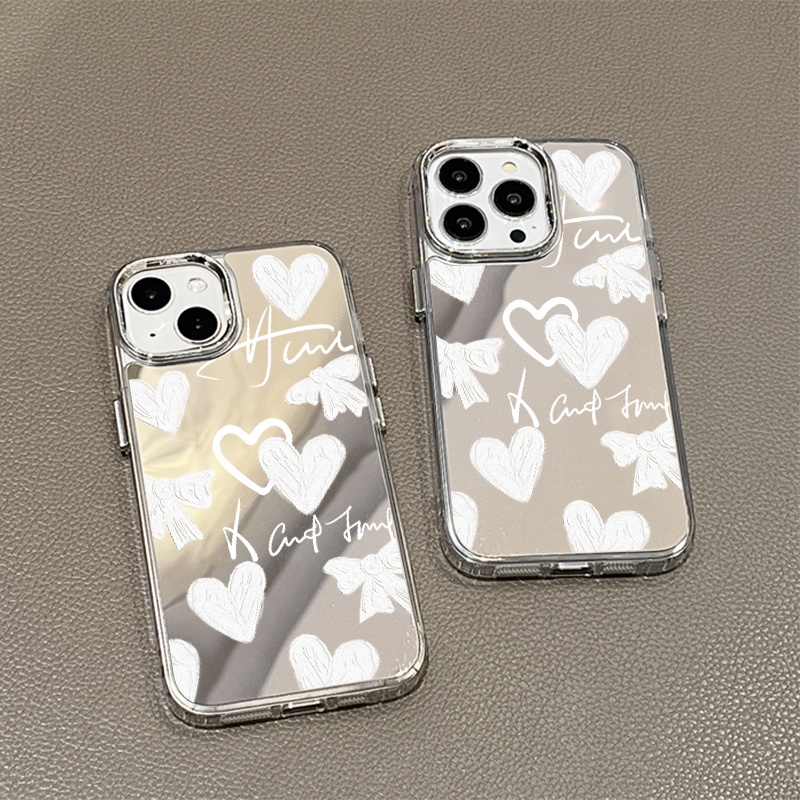 IPHONE Heart Bow Tie Graffiti Mirror Phone Case Kompatibel Untuk Iphone11 12 13 14 12Pro 13Pro 14Pro Pro Max XR X XS Max Electroplating Tombol Perlindungan Mirror Cover