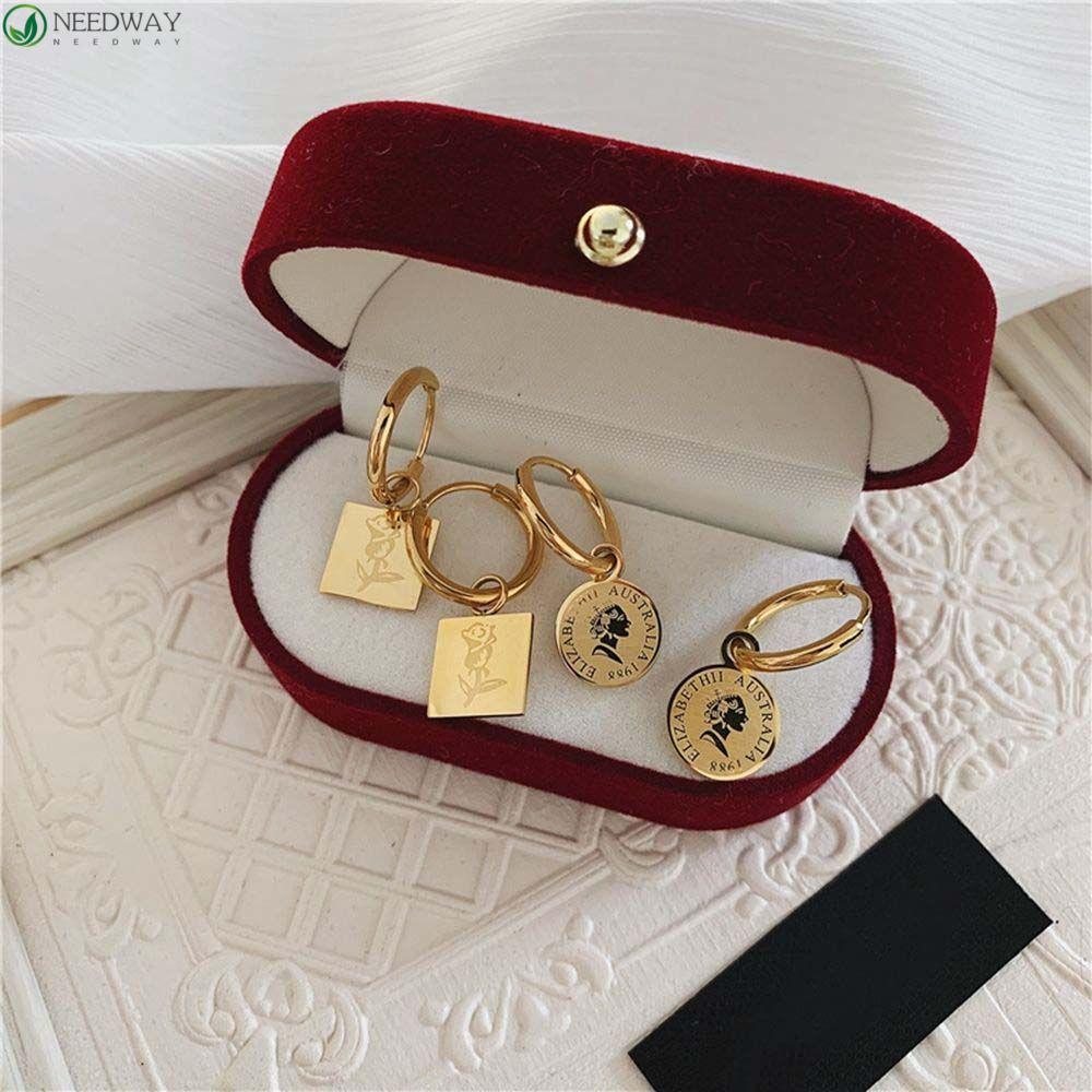 Needway Anting Bunga Gadis Manis Geometri Telinga Gesper Rose Logam Persegi Gaya Korea Earrings