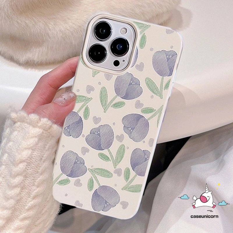 IPHONE Fashion Freshness Purple Tulip Glossy Case Kompatibel Untuk Iphone14 11 13 12 Pro Max XR 7 8 Plus X XS Max Se2020 Shockproof Simple Three Flower Camera Protection Soft Tpu Cover