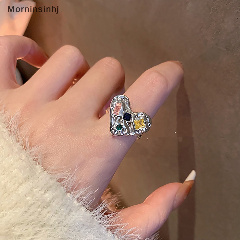 Mornin Vintage Butterfly Heart Open Rings Untuk Wanita Perhiasan Aesthetic Fashion Simple Adjustable Colorful Zircon Finger Ring Aksesoris id