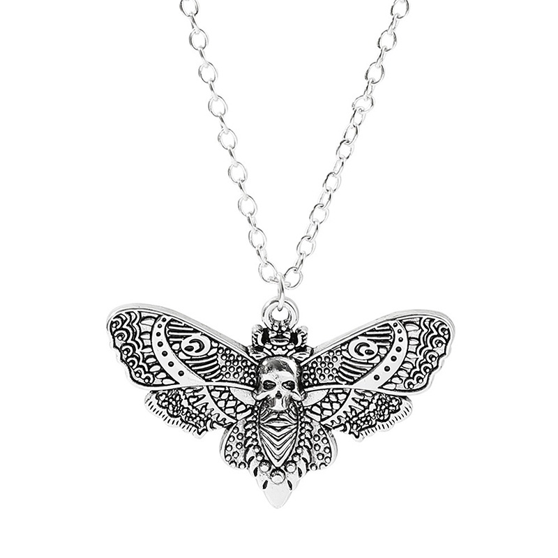 Death Moth Kalung Liontin Rantai Gula Tengkorak Gothic Kupu Batu Emo Goth Warna Silver 18inch Rantai Kuat