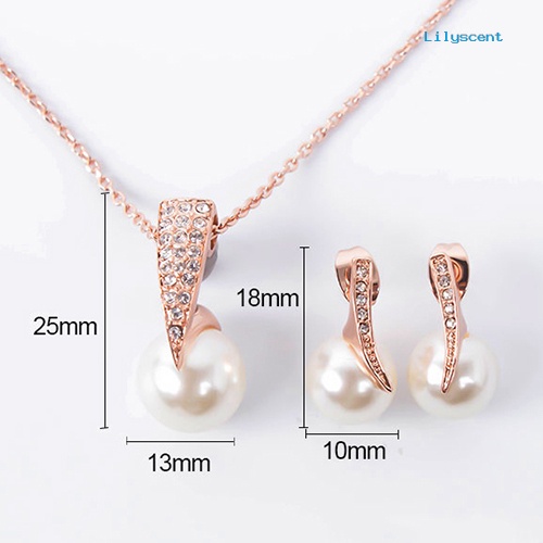 [LS]1 Set Lady Earrings Anti Alergi Berlian Imitasi Mengkilap Anting Mutiara Kalung Set Hadiah