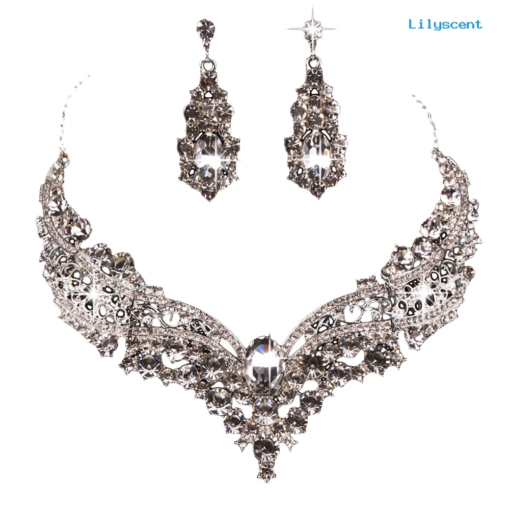 [LS]Wedding Bridal Queen Style Berlian Imitasi Sepenuhnya Mengkilap Kalung Anting Set Perhiasan