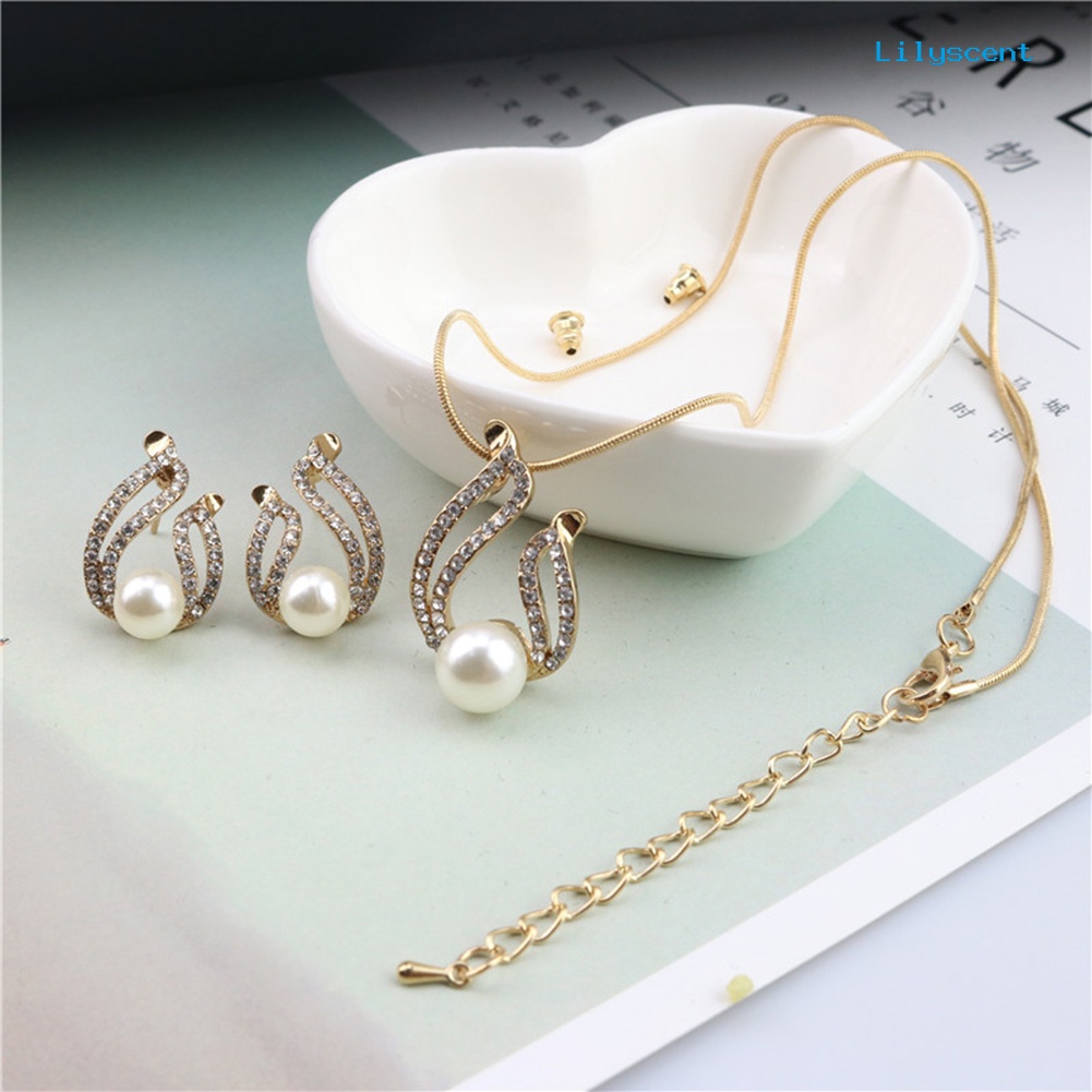 [LS]Faux Mutiara Tetesan Air Pesona Liontin Anting Kalung Sosialita Lady Set Perhiasan