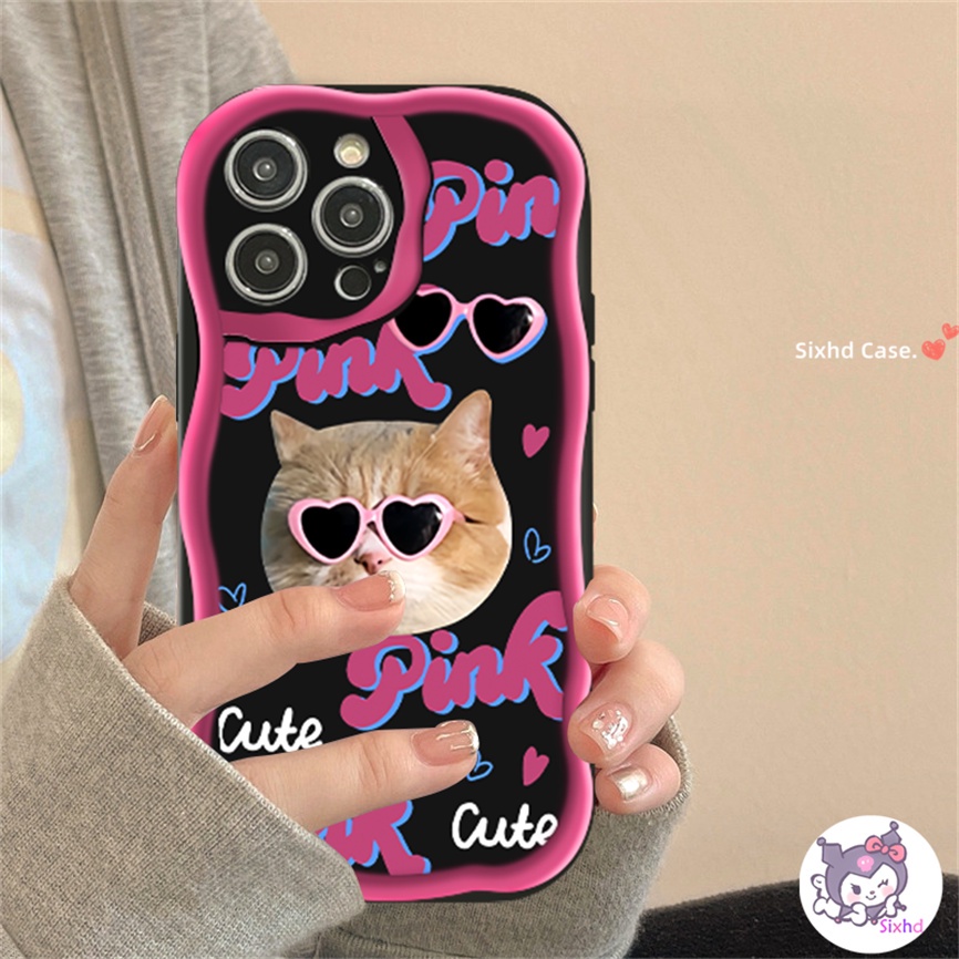 IPHONE Kompatibel Untuk Iphone14 13 12 11 Pro Max SE2020 X Xr Xs Max 8 7 6 6s Plus Kartun Lucu Kacamata Hitam Kucing 3D Tepi Melengkung Gelombang Glossy Shockproof Phone Case Soft Cover