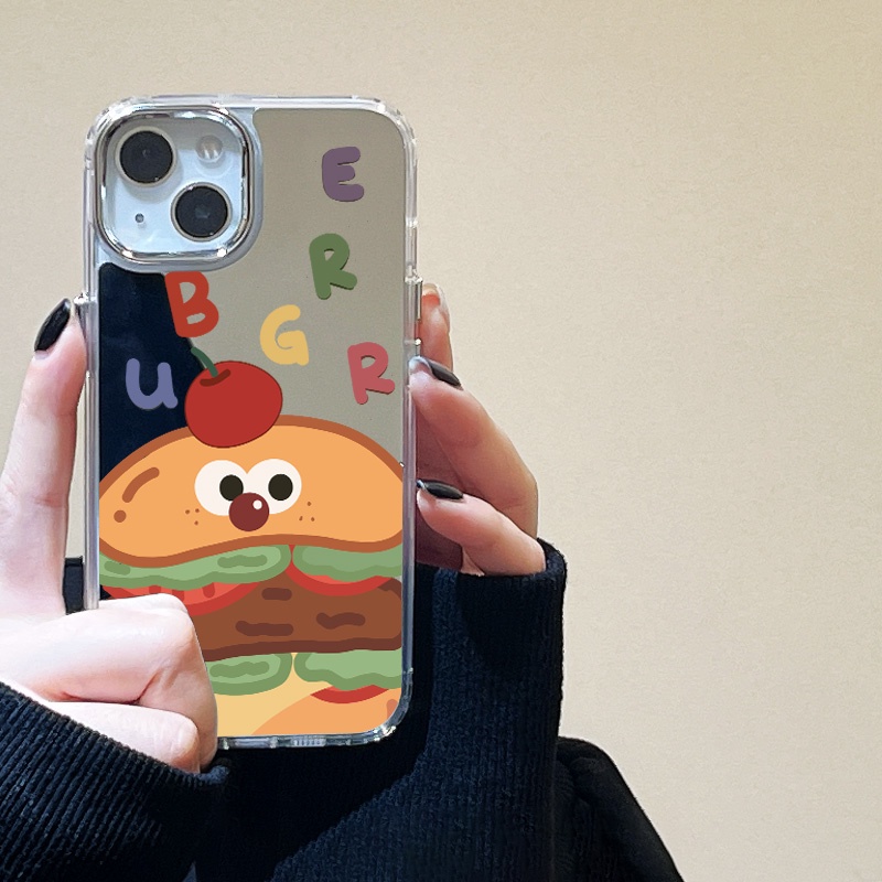 IPHONE Casing Ponsel Cermin Motif Hamburger Kompatibel Untuk Iphone11 12 13 14 12Pro 13Pro 14Pro Pro Max XR X XS Max Electroplating Tombol Perlindungan Mirror Cover