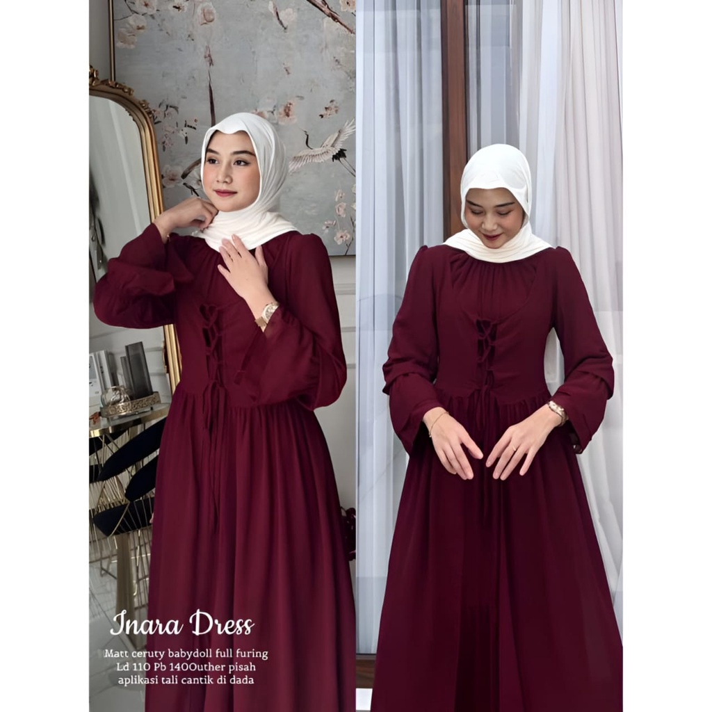 Inara Dress Maxy Wanita Remaja Muslim Matt Ceruty Babydoll Polos Basic Premium OOTD Gamis Lebaran