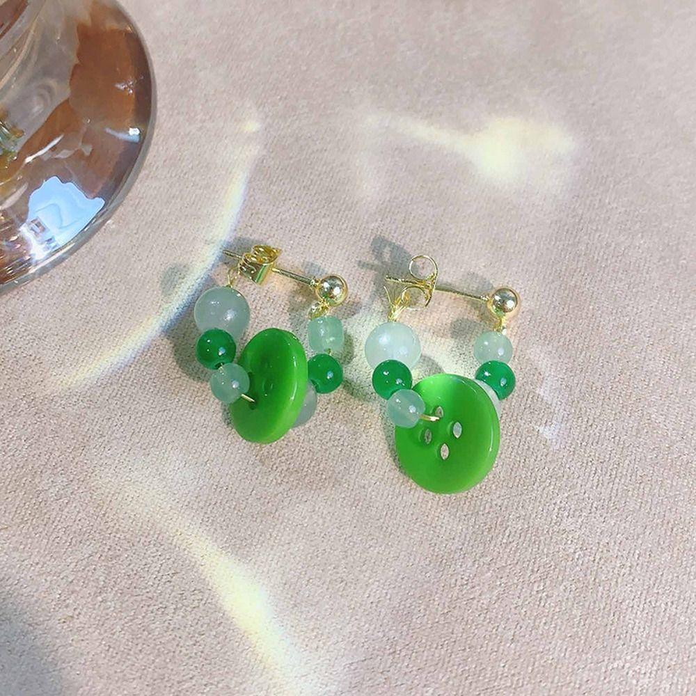 Mxbeauty Anting Hoop Manik-Manik, Hoop Telinga Gaya Cina Giok Imitasi, Perhiasan Fashion Resin Alloy Elegan Untuk Kehidupan Sehari-Hari