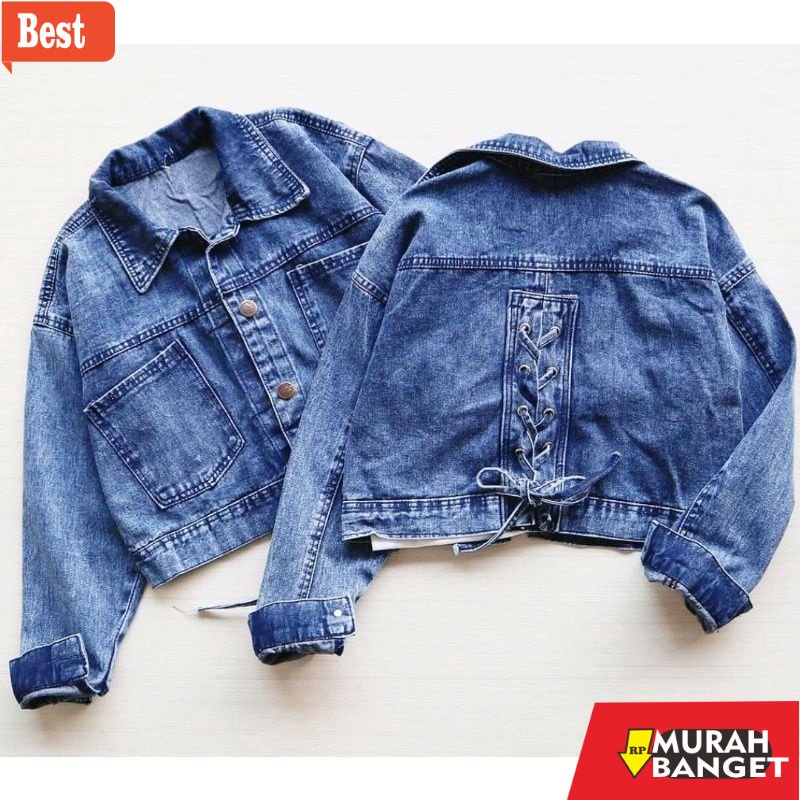 Jaket denim wanita terbaru- JAKET JEANS CROP TALI BELAKANG OVERSIZE